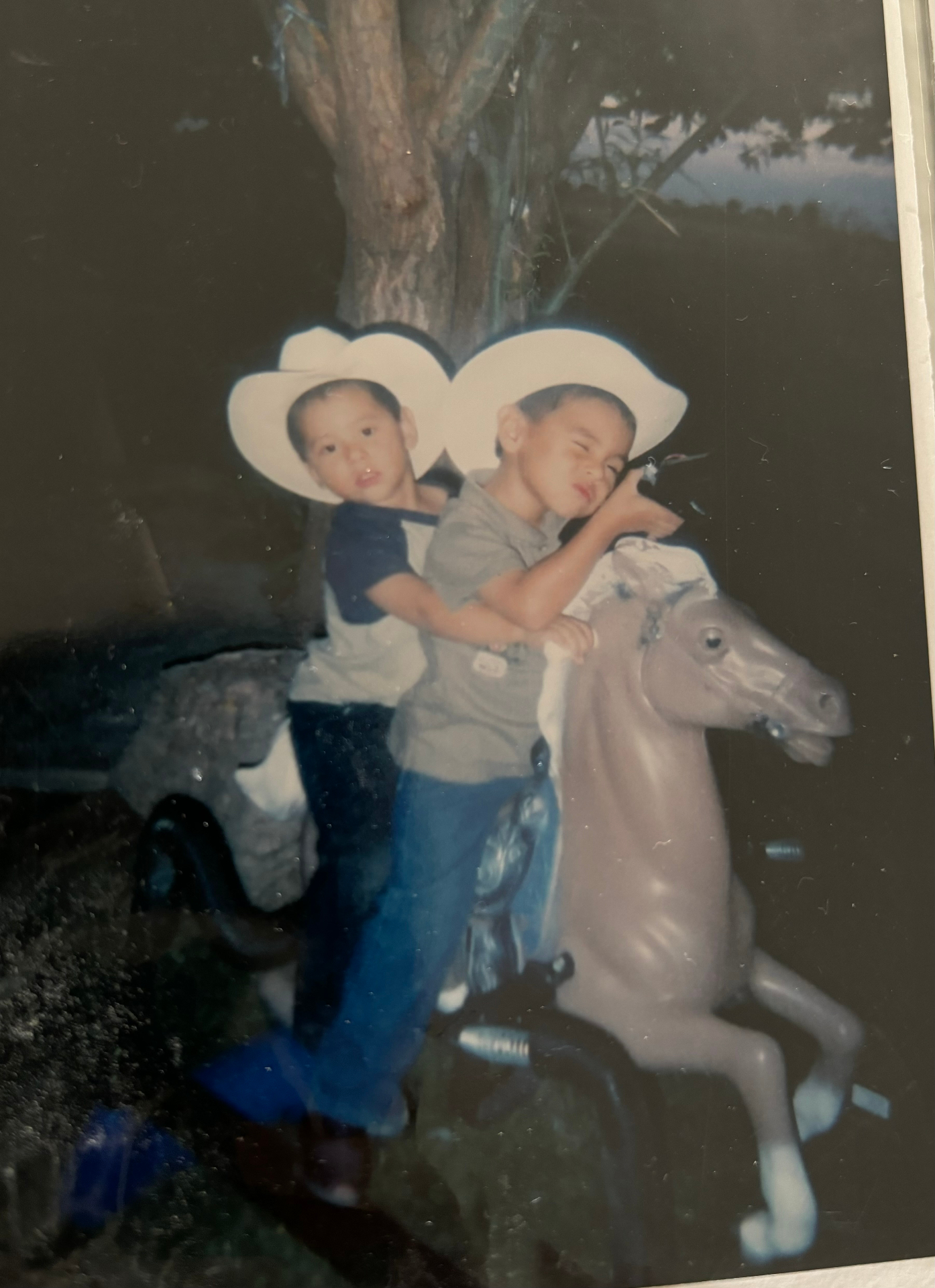 Two young brothers in cowboy hats — a childhood photo